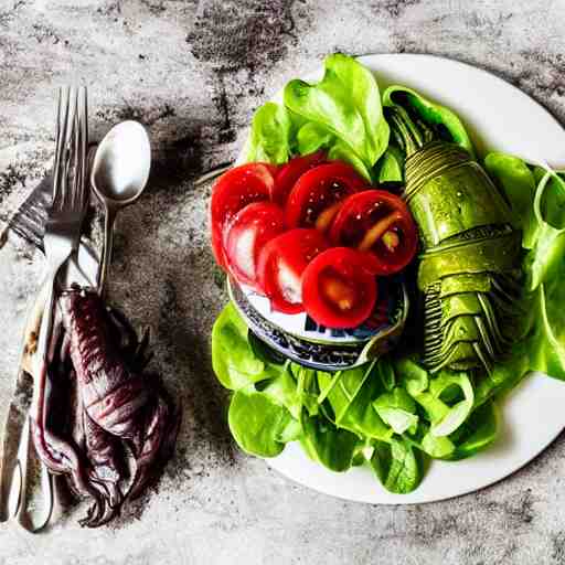 a plate of food made of salad and huge alien xenomorph, award winning photographer, food photography 