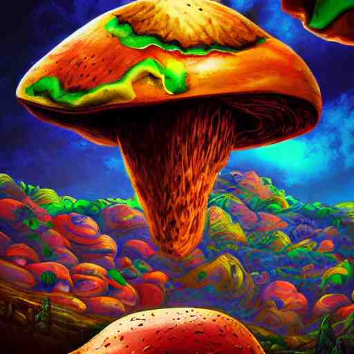 trippy angry mushroom eat a meat, acrilic paint, digital, artstation, detailed intricate ink illustration, heavenly atmosphere, digital art, overdetailed art, concept art, complementing colors, trending on artstation, cgstudio, the most beautiful image ever created, dramatic, subtle, details, award winning artwork, beautiful scenery 