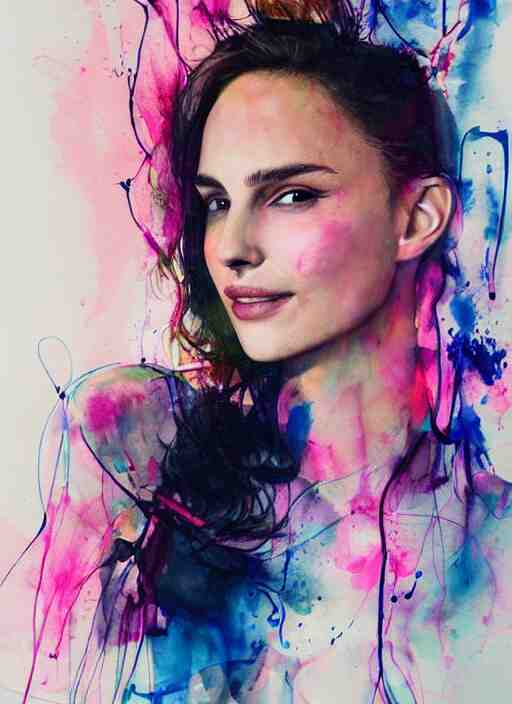 sexy seducing smile nathalie portman yoga pose by agnes cecile, half body portrait, extremely luminous bright design, pastel colours, ink drips, autumn lights 