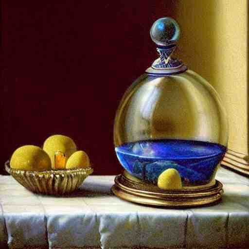 still life painting of a miniature tabletop castle under a glass dome, by paulette tavormina and vermeer, intense pastel colors, hyper realistic, detailed, beautiful bright lighting 