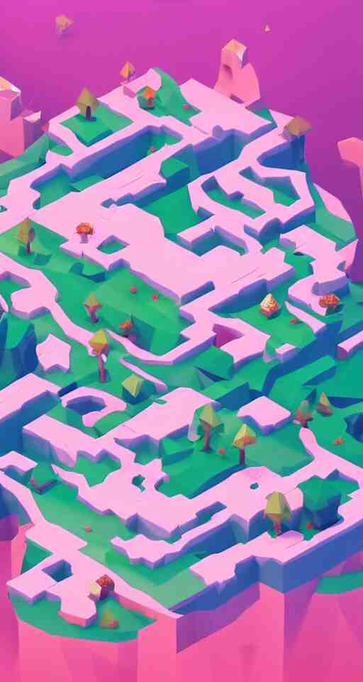a cute little matte low poly isometric cherry blossom forest island, pink waterfalls, mist, lat lighting, soft shadows, trending on artstation, 3d render, monument valley, fez video game,