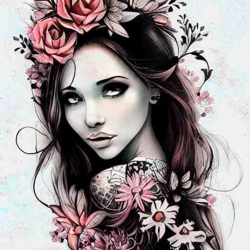 tattoo design, stencil, traditional, beautiful portrait of a girl with flowers in her hair by artgerm, artgerm, digital art