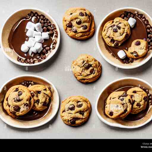 opulent banquet of plates of freshly baked chocolate chip cookies, delicious, glistening, chocolate sauce, marshmallows, highly detailed, food photography, art by rembrandt 