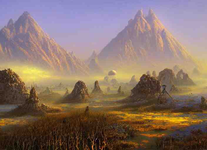 The ash lands of Morrowind by Bruce Pennington, fantasy landscape, oil painting, 8k, featured on artstation, elegant, intricate