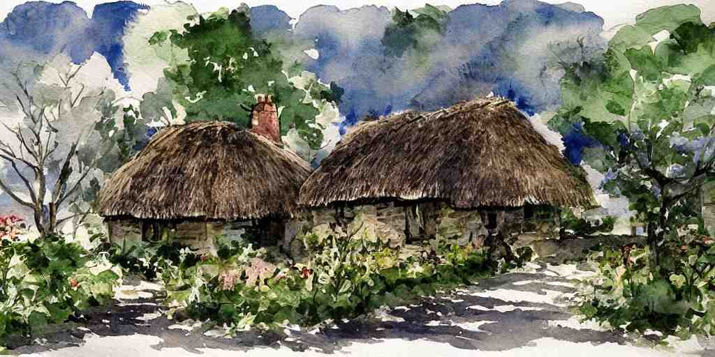 old thatched cottage with a front garden among the trees, watercolor 