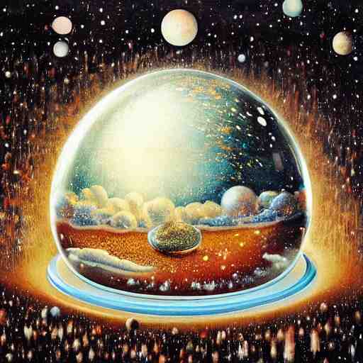 “ depiction of the beginning of the universe inside a snow globe, surreal, award winning, highly detailed, style by mark rogers, paul bonner, oil on canvas. ” 