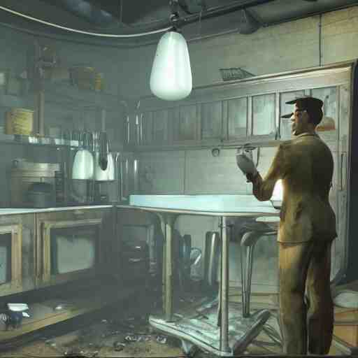 mr. house on the screen holds a faceted glass of milk in one of the manipulators, realism, reflections, metal body, in the kitchen, in the style of fallout 4, 