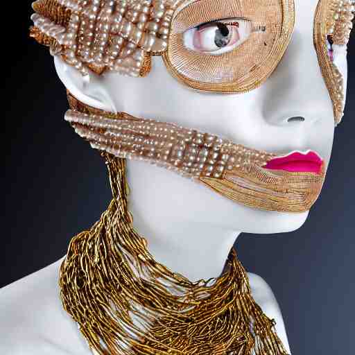 a beautiful futuristic portrait covered by mask made of pearl and wire, necklace made by silk and wires twisted around neck, design by leonardo davinci, inspired by egon schiele, modern art, baroque art jewelry, new classic, hyper realistic, cinematic composition, cinematic lighting, fashion design, concept art, hdri, 4 k - 