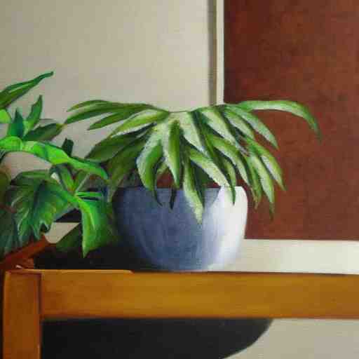 a painting of a sofa and a plant in the style of Alon Braier