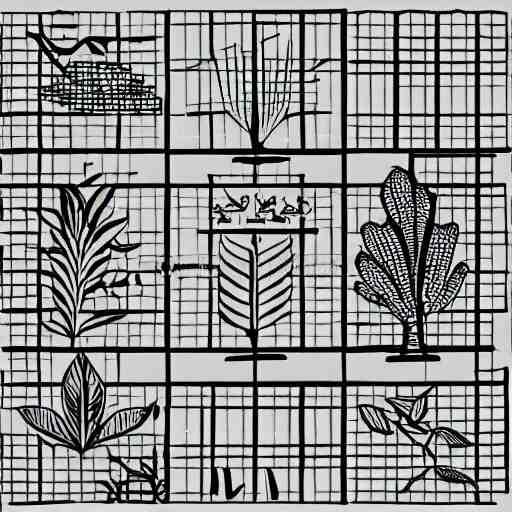 a black and white line drawing illustration of a grouping of plant vector icons in a grid, minimalist, stock image, bold lines 