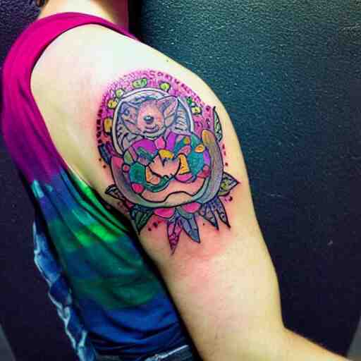 shoulder tattoo of a meditating cute bush baby, eyes are sparkeling rainbow spirals, glowing multicolored chakra symbols, surrounded with colorful lotus leaves, insanely integrate 