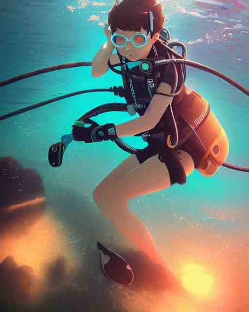 a girl scuba diving in an ocean full of sea life, full shot, atmospheric lighting, detailed face, by makoto shinkai, stanley artgerm lau, wlop, rossdraws 