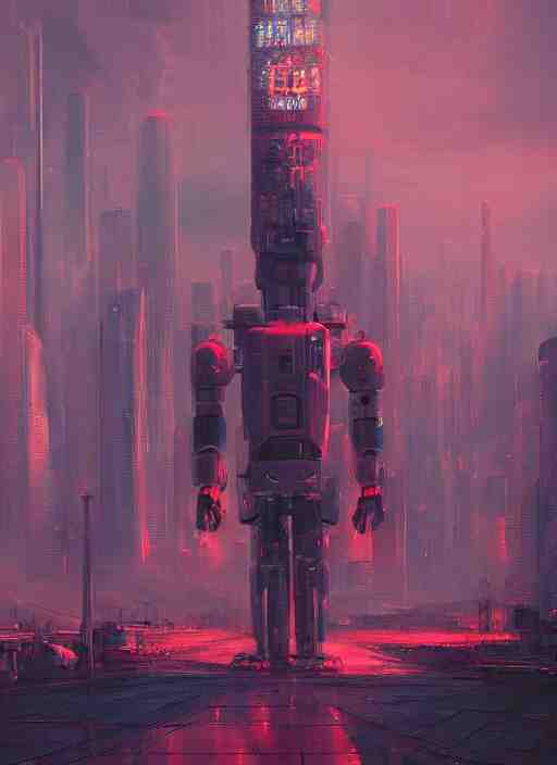 a painting of a giant robot standing in front of a city, cyberpunk art by mike winkelmann, behance contest winner, nuclear art, dystopian art, apocalypse art, sci - fi 