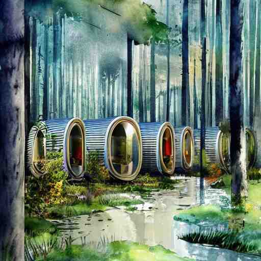 beautiful happy picturesque charming organic sci - fi town with pod homes integrated in a forest area. water and trees. beautiful light. soft colour scheme. beautiful artistic detailed watercolor by lurid. ( 2 0 2 2 ) 