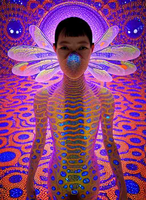 3 d goddess medium shot profile portrait. beautiful intricate highly detailed mask made entirely of bubbles and dragonfly wings. optical mineralogy, chitin, oil on water, reflections, refractions, creature, artwork by yayoi kusama, tooth wu and wlop and beeple and greg rutkowski, 