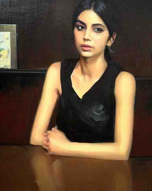 beautiful portrait painting an gorgeous delhi girl wearing a little black dress at a bar, oil painting, art by ruan jia 