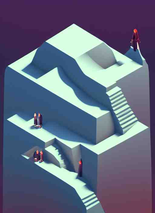 a low poly isometric render of shadow of the tomb rider in the style of monument valley, intricate, elegant, smooth shading, soft lighting, illustration, simple, solid shapes, by magali villeneuve, jeremy lipkin and michael garmash, rob rey and kentaro miura style, octane render, zaha hadid 