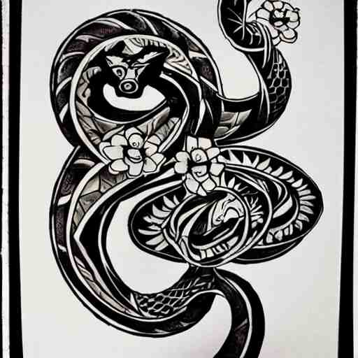 tattoo design, stencil, tattoo stencil, traditional, a cobra with its fangs out surrounded by flowers