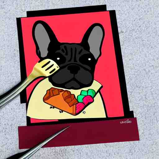 sticker art of a french bulldog in a suit eating a candy bar with a fork and knife at a fancy restaurant by ed roth 