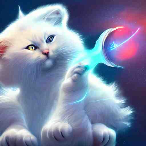 illustration of a white fluffy cat wizard casting a spell in space. 4k trending ArtStation highly detailed vibrant