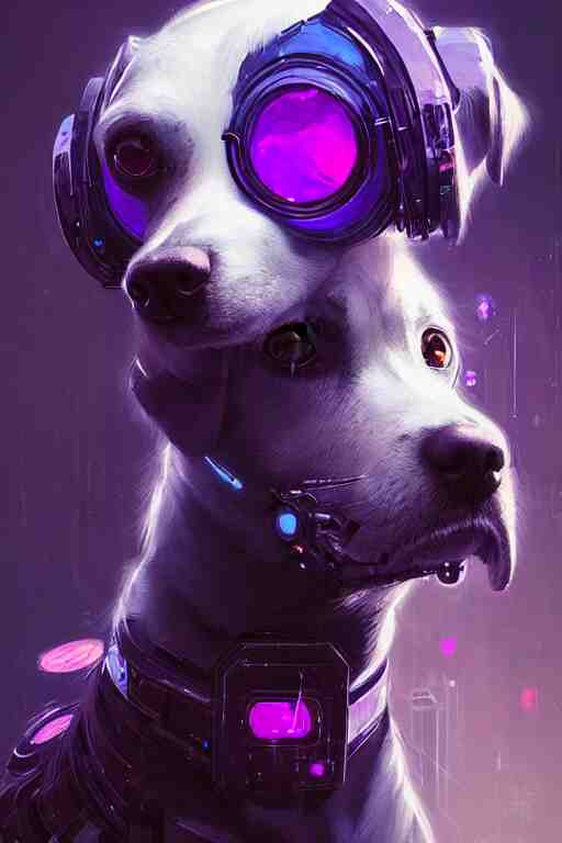 a beautiful portrait of a cute cyberpunk dog by greg rutkowski and wlop, purple blue color scheme, digital art, highly detailed, fine detail, intricate, ornate, complex 