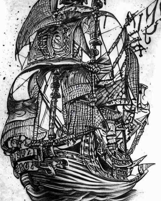 A tattoo design on paper of a pirate ship, on paper, black and white, highly detailed tattoo, realistic tattoo, by nik lucas