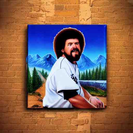 a closeup photorealistic photograph of bob ross themed kenny powers baseball, painting on a canvas. mountains and trees. film still. brightly lit scene. this 4 k hd image is trending on artstation, featured on behance, well - rendered, extra crisp, features intricate detail, epic composition and the style of unreal engine. 