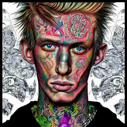 an extremely psychedelic portrait of mgk, surreal, lsd, face, detailed, intricate, elegant, lithe, highly detailed, digital oth, sharp focus, illustration, 