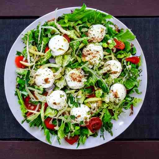 a giant salad that is the size of a building, with mozzarella and a lot of sauce, award winning photography, culinary art photography 