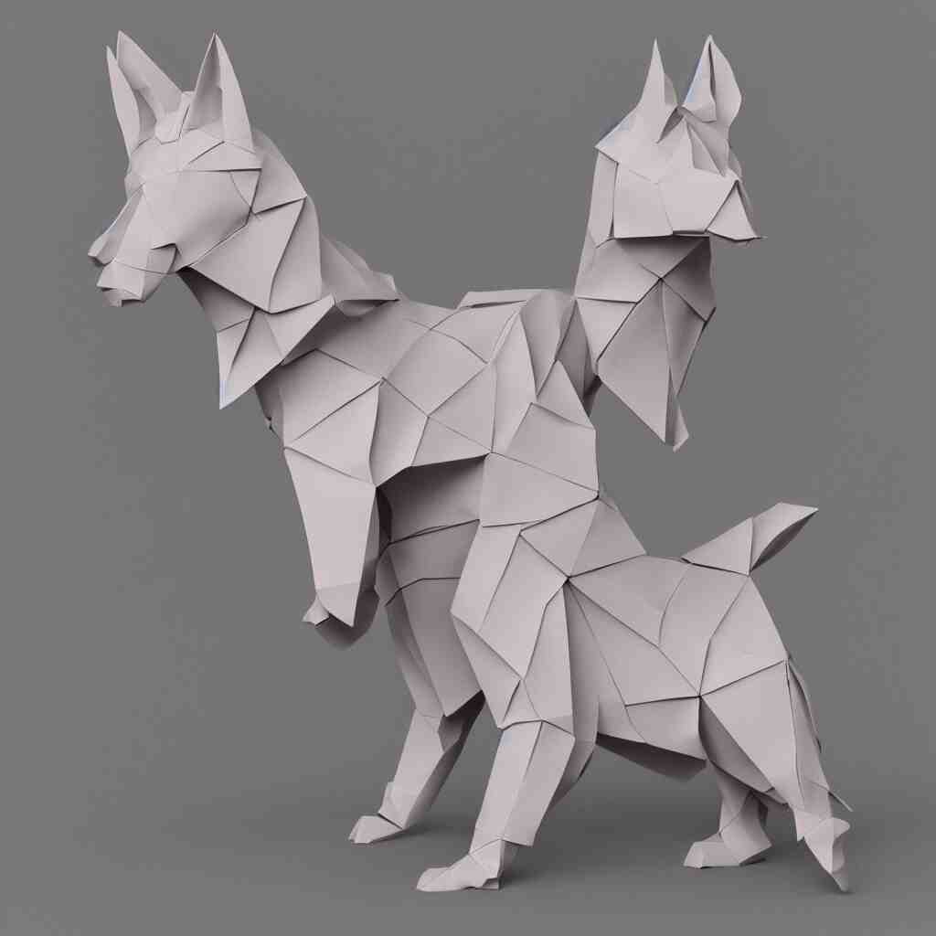 3 d rendering of paper japanese origami of simplified form of german shepherd, 2 d image 