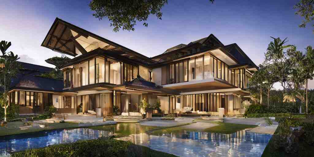 3d rendering  of beautiful nature meets architecture concept of a residential house. balinese architecture, volumetric lighting, luxury, high detail, 14mm, cinematic photography, cg architects,  high resolution