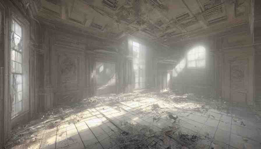 abandoned capitol with cobwebs, dusty dirty floor, collapsed ceiling, flying dust particles, light through, hyperdetailed, artstation, cgsociety, 8 k 