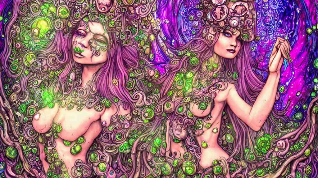 mushroom goddess, overgrown nature, dripping crystals, full body dynamic pose, attractive form, psychedelic dmt deity, high detailed illustration, cyber goth pin up girl, visionary art, fully colored and rendered 