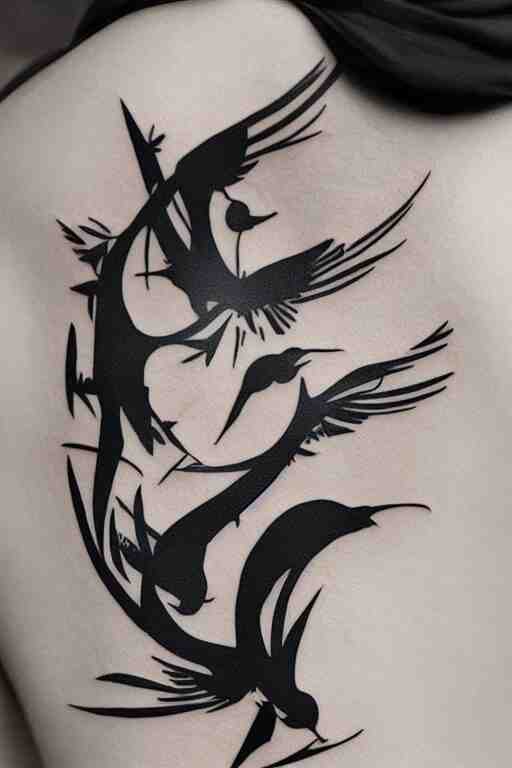 a simple artistic tattoo design of minimalist flying birds, black ink, abstract geometric logo 