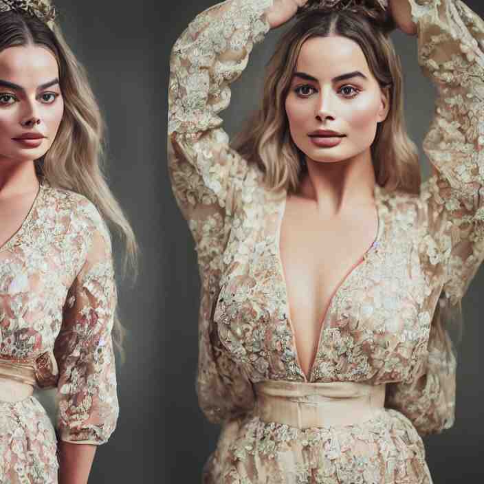 portrait of margot robbie combined with demi rose wearing kebaya, by charlotte grimm, natural light, detailed face, canon eos c 3 0 0, ƒ 1. 8, 3 5 mm, 8 k, medium - format print 