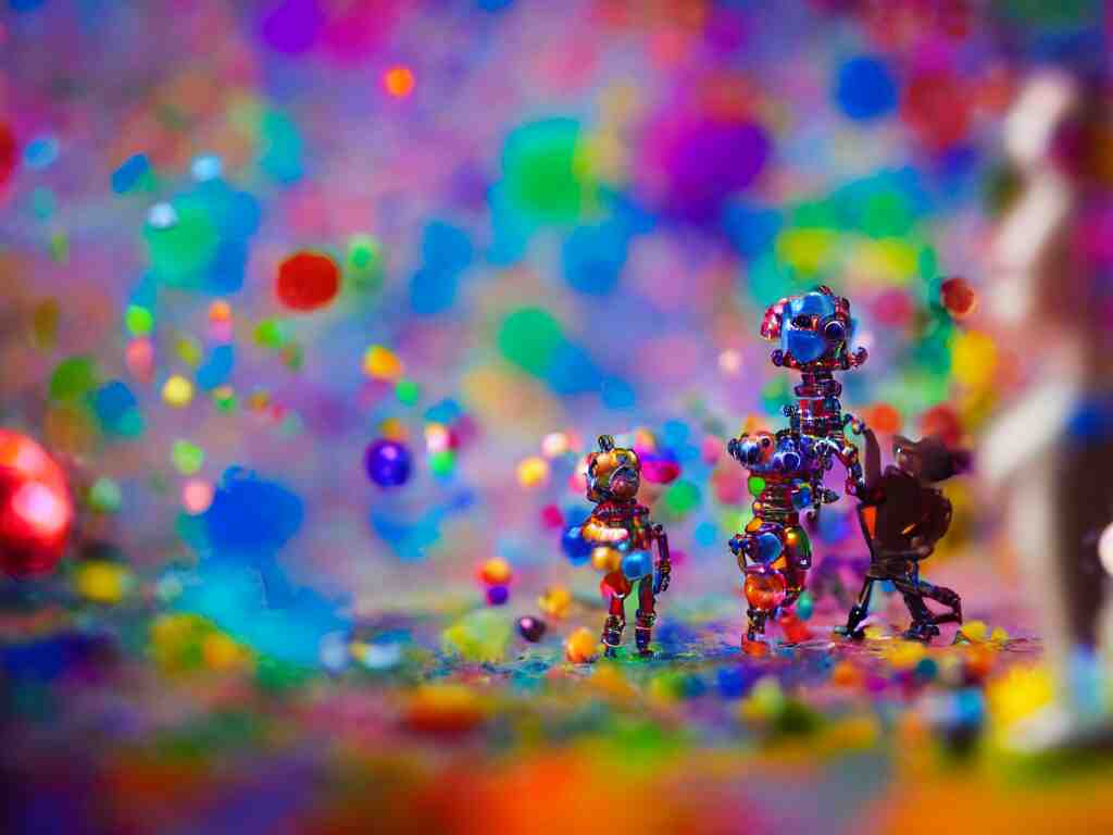 a cinematic film still of a claymation stop motion film, a gay mage and his artist boyfriend in a colorful glass universe, making robotic kittens, shallow depth of field, 8 0 mm, f 1. 8 