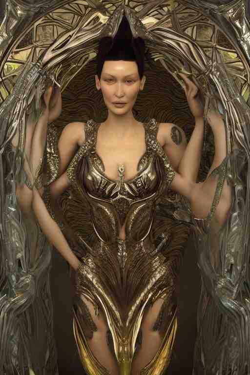 a highly detailed 3 d render painting of a beautiful alien goddess bella hadid in iris van herpen dress schiaparelli in diamonds in style of alphonse mucha trending on artstation made in unreal engine 4 