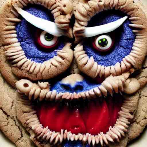 demonic cookie monster, evil, portrait, scary, creepy. detailed. realistic. 