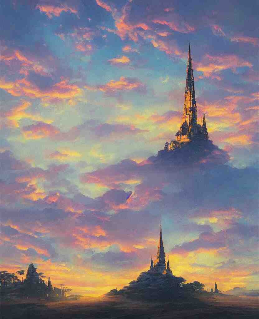 “ a landscape painting in the style of noriyoshi ohrai of a holy tower, it is a glowing fortress and has iridescent mana radiating from it into the aether. it is centered. the background is the sky at dawn. retrofuturistic fantasy ” 