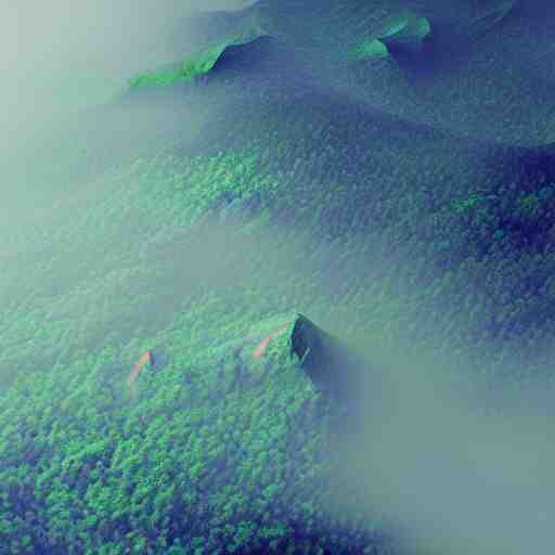 “ aerial view of a mountain, fog on the ground, voxel, vibrant colors ” 