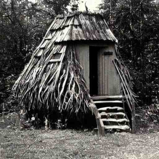 A vintage photo of a witches hut with a witch standing on the Porch, 70s, vintage, old