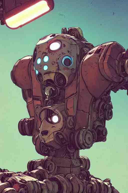 a study of cell shaded portrait of a mech robot as Borderlands 3 concept art, llustration, post grunge, concept art by josan gonzales and wlop, by james jean, Victo ngai, David Rubín, Mike Mignola, Laurie Greasley, highly detailed, sharp focus, alien, Trending on Artstation, HQ, deviantart, art by artgem