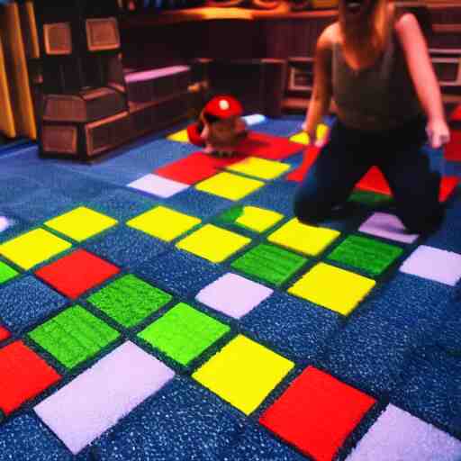 a photo of someone throwing a question block from the mario videogames on to the floor, breaking 