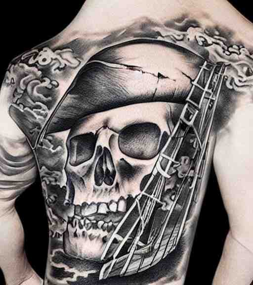 A realism tattoo design of a pirate ship, white background, black and white, highly detailed tattoo, realistic tattoo, realism tattoo, beautiful shades