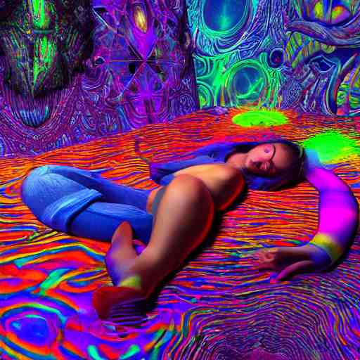 photorealistic sleeping in a trippy psychedelic world. hyperdetailed photorealism, 1 0 8 megapixels, amazing depth, high resolution, 3 d shading, 3 d finalrender, 3 d cinematic lighting, glowing rich colors, psychedelic overtones, artstation concept art. 