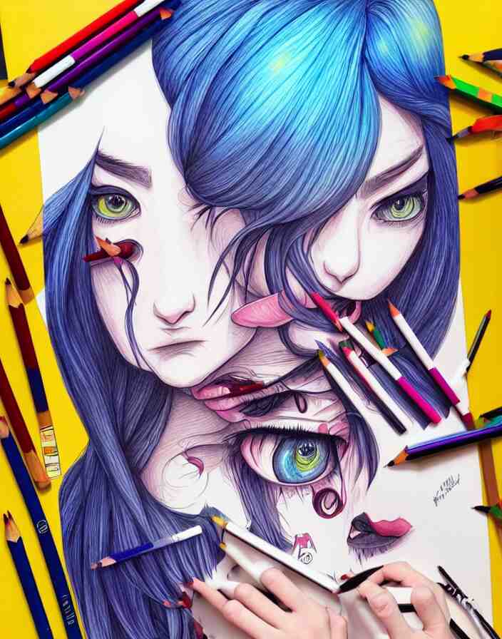richly detailed color  illustration of a female stupid drawing demented doodles on her school work while in class alone after school, large format image. illustrated by Artgerm. 3D shadowing.