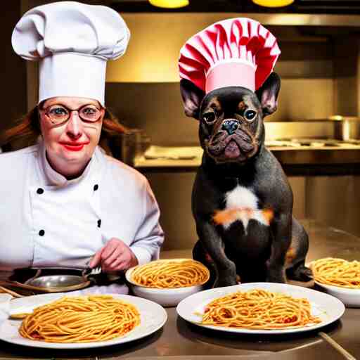 a 8k highly detailed still photo by David Bailey of Two multi-colored French Bulldogs in chef hats and aprons starring on a cooking show, a plate of spaghetti is prepared, a high end restaurant kitchen in the background, bokeh