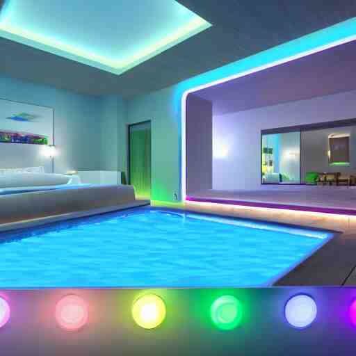 govee hue led strip lighting, swiming pool, scene, colourful, 8 k, unreal engine, realistic, house and home, 