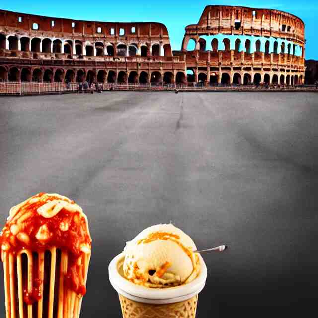 spaghetti with sauce on an ice cream cone with the colosseum in the background, realistic render, award - winning, artstation, blender, food photography 