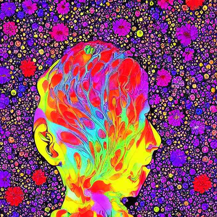 illustration of a colorful melting human head. flowers and bloss ...